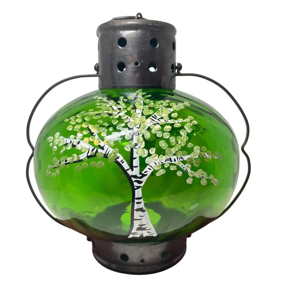 Hand-Painted Green Glass Lantern With Tree Design And Rustic Metal Top